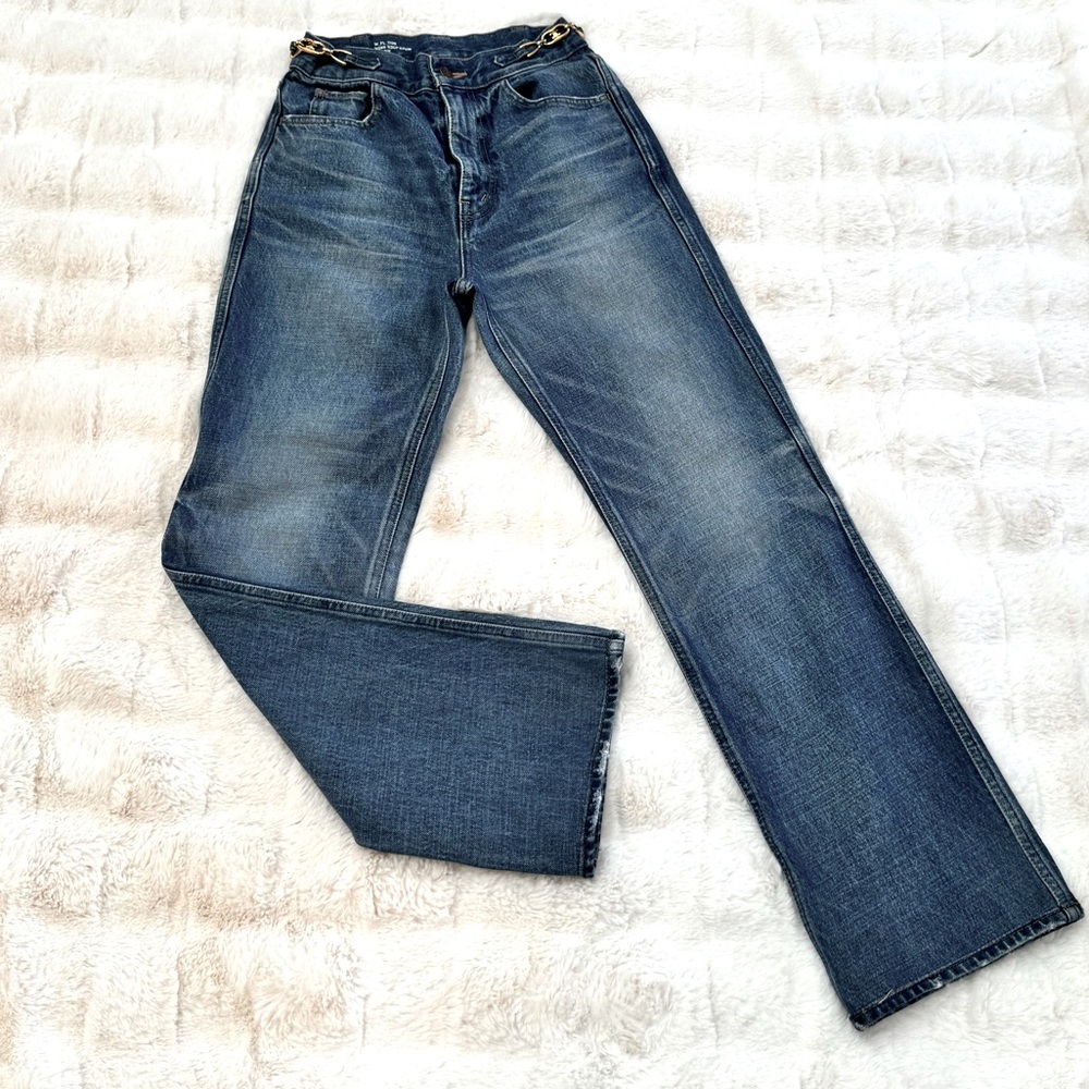 Celine Dylan Flared Jeans with Signature in Wash Denim with Triomphe Chains